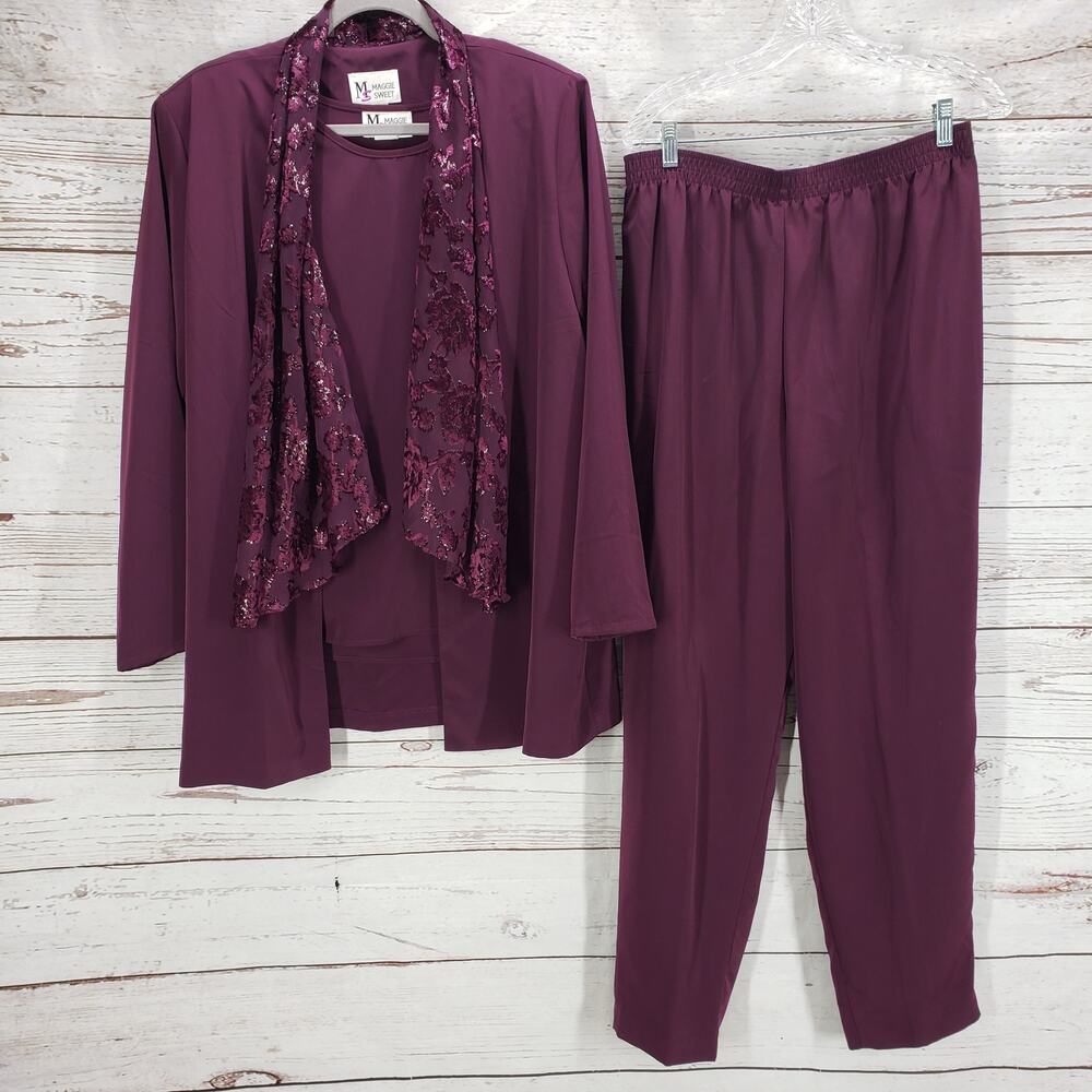Maggie Sweet Velvet Burnout Maroon 3 Piece Tank Open Jacket Pants Set Large